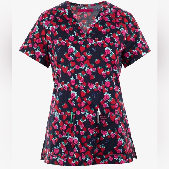 Betsey Johnson Tops - Betsey Johnson Berry Print Scrub Top Small V-Neck Stretch 2 Pocket